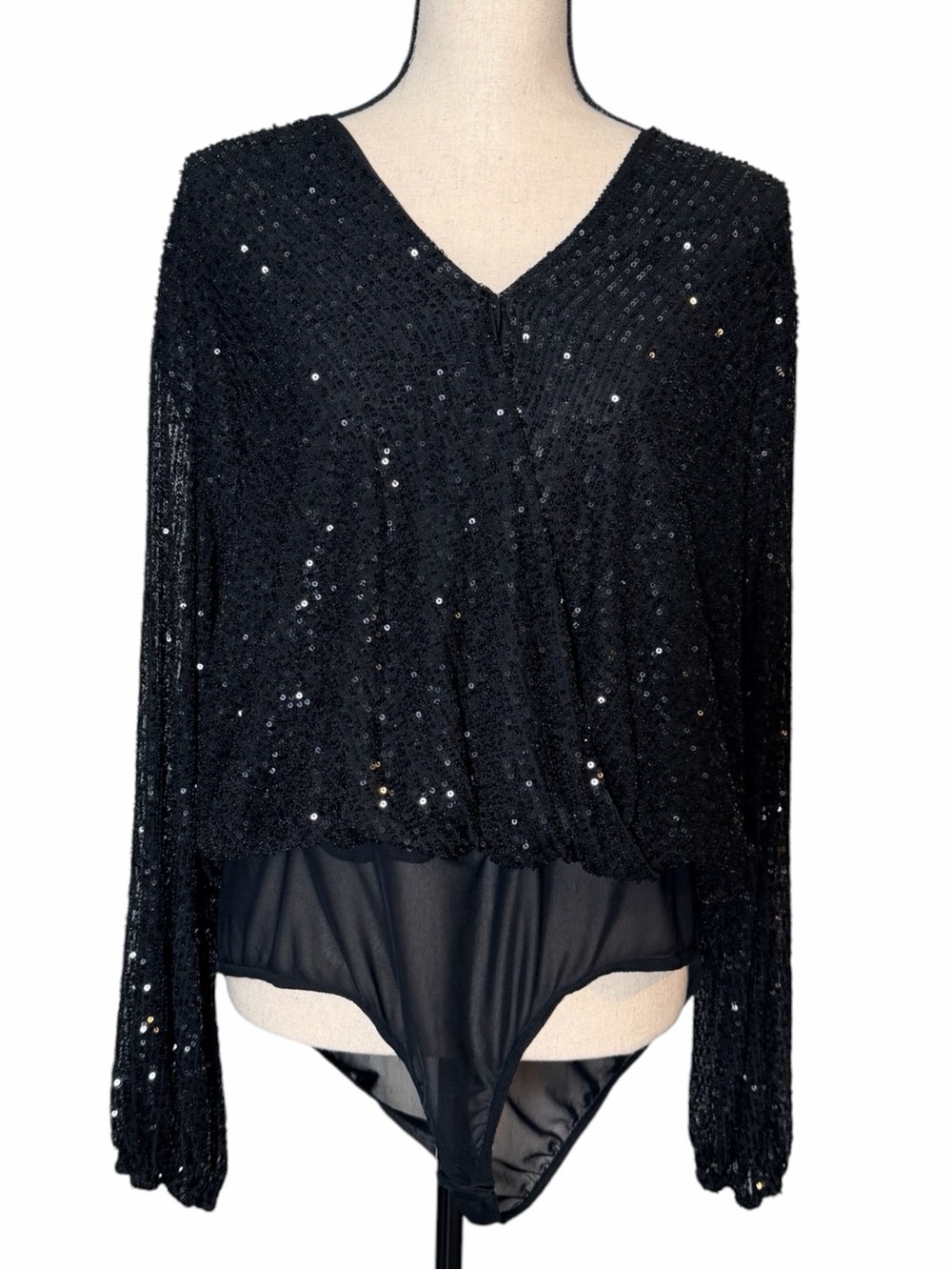 Chic Soul Black Sequin Long Sleeve Wrap Bodysuit Vegas Glam Plus Size 3X